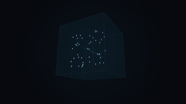 Futuristic data cube analytics interface with rotating 3d network nodes scanning planes, for complex digital information processing, business intelligence, system monitoring, connectivity