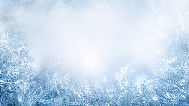 Frosty winter background with ice crystals, frozen window texture in light blue, cold seasonal border for holiday cards