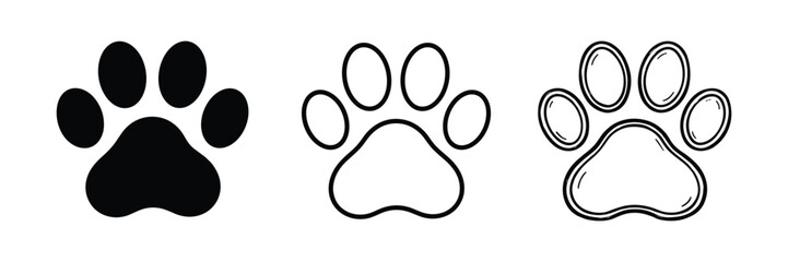 Animal paw print icon set, Pet track symbol doodle, Dog paw silhouette and line art vector illustration © Pixel Hub