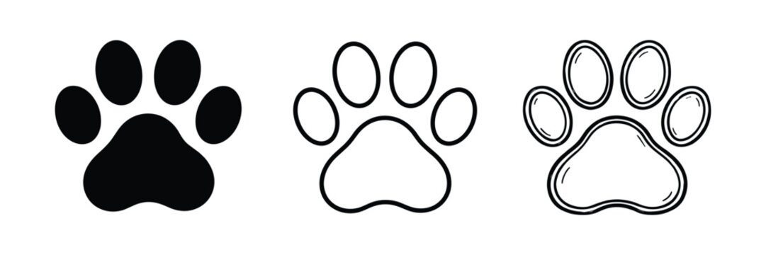 Animal paw print icon set, Pet track symbol doodle, Dog paw silhouette and line art vector illustration