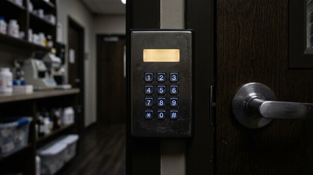 Keypad Entry Panel on a Pharmacy Verification Room Door Glowing with a Small Backlit Display &ndash; Close-Up Detail Photo
