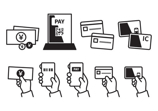 Black and white payment method icon set, cash, QR code, credit card and transit IC card