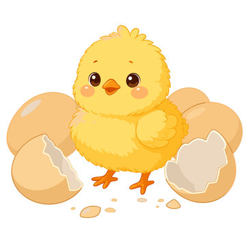 Cute fluffy chick hatched from broken eggshell vector illustration