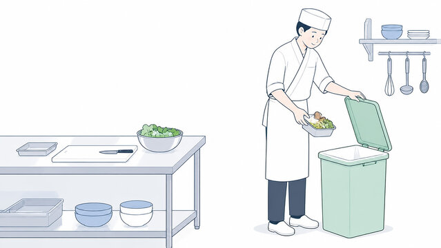 蓋付きゴミ箱を適切に管理する厨房線画イラスト