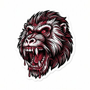 Aggressive Crazed Baboon Head Dripping Fangs Vector Sticker Logo