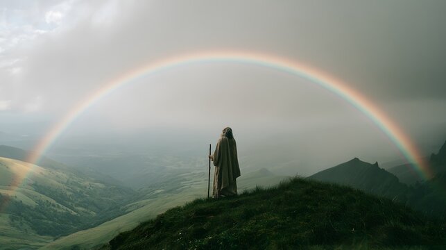 Solitary old man with staff standing on a mountain ridge looking at a rainbow in a misty landscape