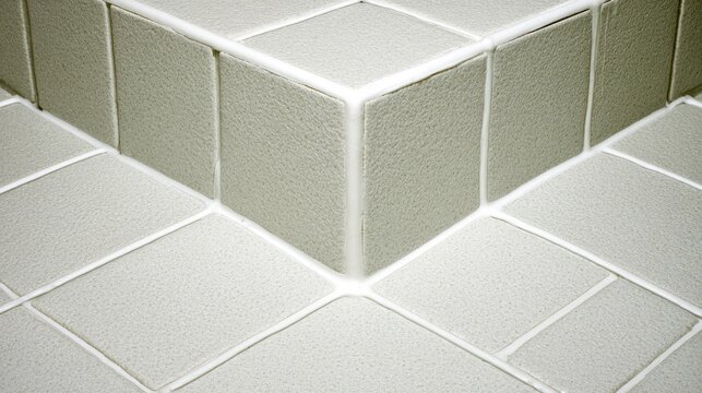 White caulk neatly filling tile gaps in bathroom, clean straight lines, smooth textures, even natural lighting, shallow depth of field