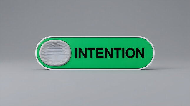 D rendering of a green toggle switch with the word INTENTION in bold black letters, featuring a white circular slider on the left, set against a light gray gradient background featuring green switch