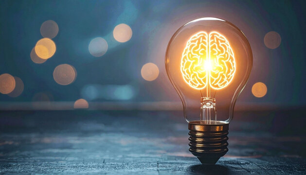 glowing light bulb with brain symbol. Creative business concept.