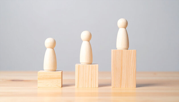 Wooden doll figures standing on top of stacked wooden blocks
