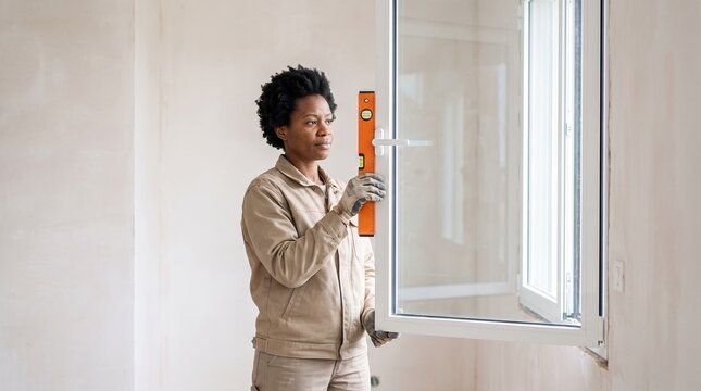A woman using a spirit level to check the accuracy of a window installation.