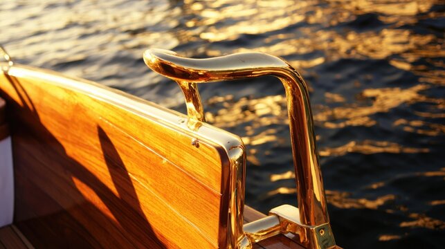 Stern of wooden boat with polished bronze tiller at golden hour, calm reflective water, nautical detail