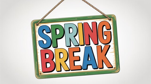 Colorful cartoon spring break wooden sign hanging on rope with vibrant letters white background, playful design.