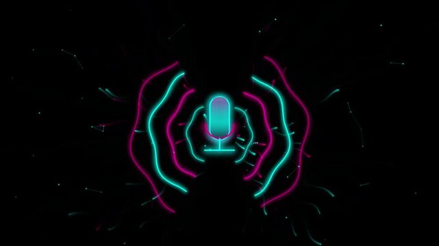 Neon microphone with pulsing sound waves animation for podcast and audio branding
