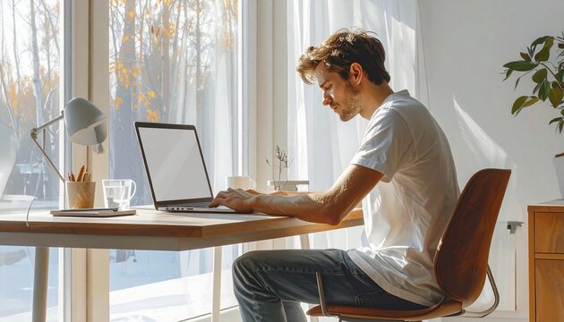 Young man working from home on laptop with poor posture and slouching back in a bright modern room