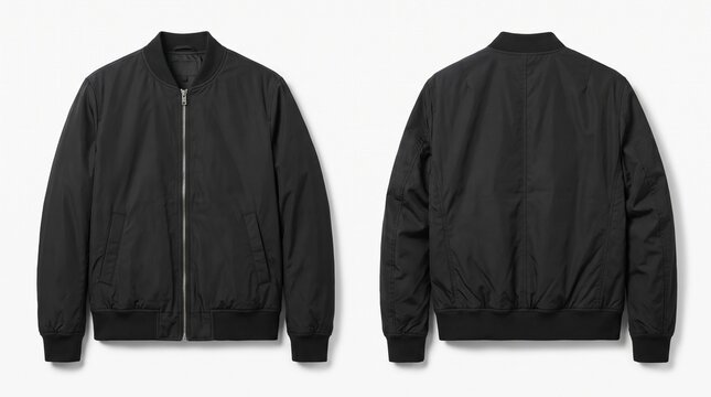 Blank black bomber jacket mock-up, front and back view, isolated on white background