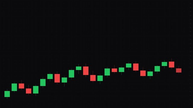 Animated green and red candlestick stock chart showing upward market trend
