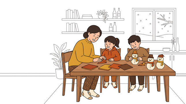 冬の部屋で母親と一緒に雪だるまの折り紙工作を楽しむ子供たちのイラスト
