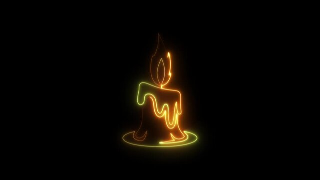 Neon outline of a dripping candle with a flame in orange and green on a black background