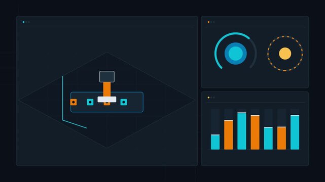A modern dark mode dashboard interface with charts and diagrams