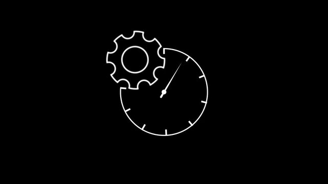 Minimalist graphic animation featuring white clock dial combined with rotating mechanical gear symbol isolated on plain black background perfect for time management visual concept.