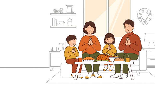 サンクスギビングのごちそうを前に手を合わせて感謝の祈りを捧げる4人家族のイラスト
