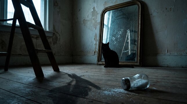Black cat sitting near a cracked mirror, ladder, and spilled salt depicting bad luck superstitions