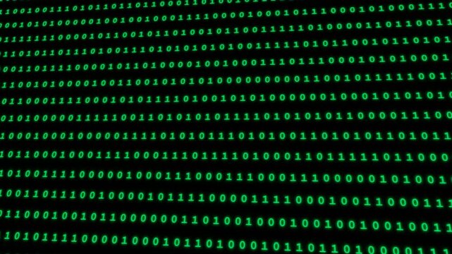 Green binary code data stream animation moving in perspective on black screen