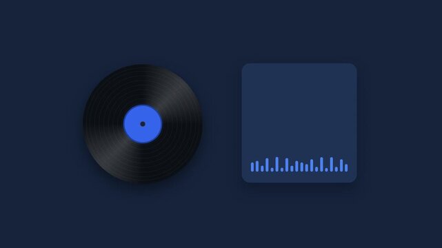 Animated vinyl record with blue audio equalizer visualizer on dark background music player interface