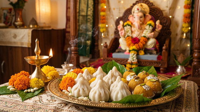 Plate of sweet modak and laddu for Ganesh Chaturthi offering with idol in background