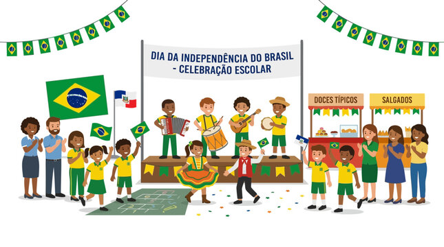 Brazilian Independence Day School Celebration with Children, Music, and Flags