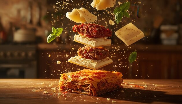 Deconstructed Lasagna in Mid-Air: Ingredients for a delicious lasagna, including pasta, rich sauce, cheese, and basil, are playfully suspended in the air above a beautifully baked dish.