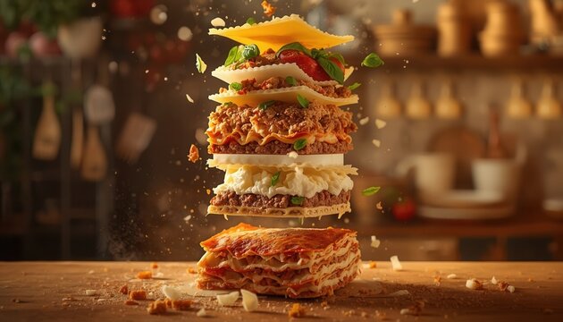 Deconstructed Lasagna Delight: An artful, deconstructed lasagna, with each layer of pasta, rich meat sauce, and creamy b&eacute;chamel suspended in mid-air.
