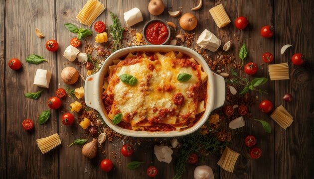 Delicious Lasagna Feast: A piping hot lasagna, topped with melted cheese and fresh basil, sits invitingly in a white baking dish, surrounded by an array of fresh ingredients like tomatoes, pasta.