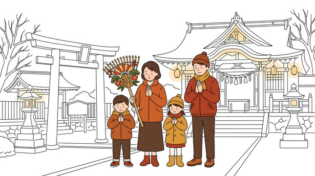 酉の市の神社で大きな熊手を持ち家族揃って手を合わせ参拝するイラスト
