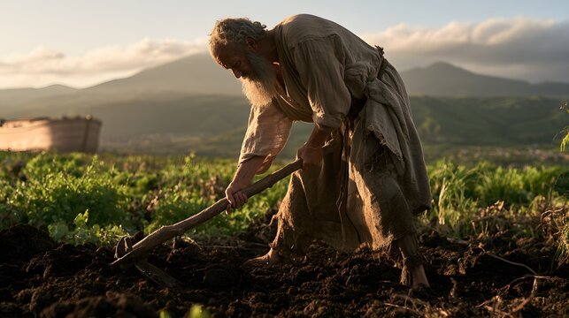Old man with a long beard tilling the land with a hoe at sunset