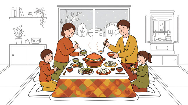 立冬の寒い日にこたつに入り家族みんなで温かい鍋料理を囲むイラスト
