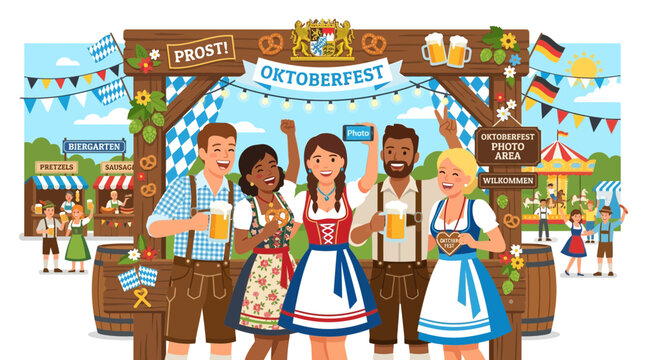 Happy people in traditional Bavarian clothing celebrating Oktoberfest at a beer garden entrance