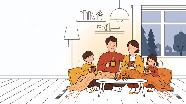 立冬の夜に大きな毛布に包まり温かいホットドリンクでくつろぐ家族のイラスト
