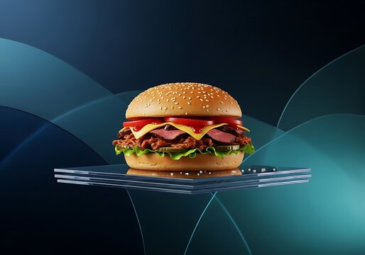 Large cheeseburger with sesame bun on metal grill rack