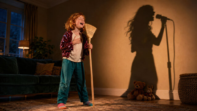 Girl Singing into a Broom with Future Singer Shadow