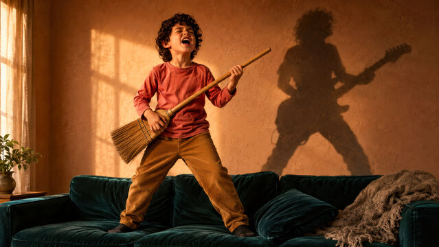 Boy Playing a Broom Guitar with Future Musician Shadow