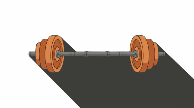 Barbell with orange weight plates and long shadow, flat design vector illustration