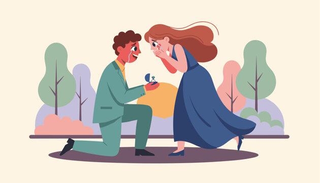 Romantic illustration of a man on one knee proposing to his crying and overjoyed partner in a beautiful park.