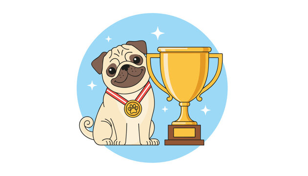 Proud pug puppy with a golden medal around its neck sitting next to a trophy cup after winning a dog show.