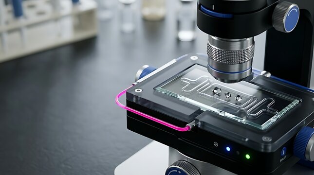 Modern Scientific Microscope Examining Microfluidic Chip in Laboratory