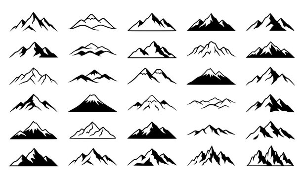 Mountain range silhouette vector collection with diverse peaks and outdoor line art designs