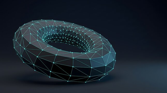 3D low poly torus wireframe mesh with glowing cyan nodes representing digital technology network data visualization