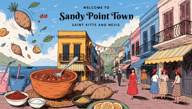 Welcome to Sandy Point Town, Saint Kitts and Nevis - Colorful Caribbean Street Scene with Food & Lifestyle