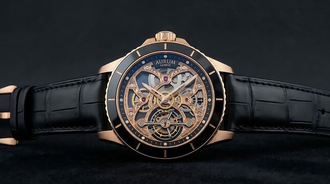 Luxury Skeleton Wristwatch with Rose Gold Case and Black Leather Strap on Dark Background